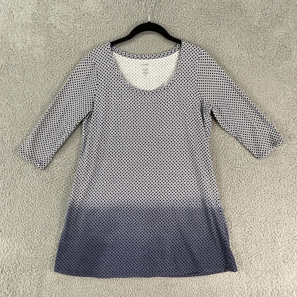 Pure Jill Tunic Women Small Petite Navy White Ombre Geometric 3/4 Sleeve Cotton